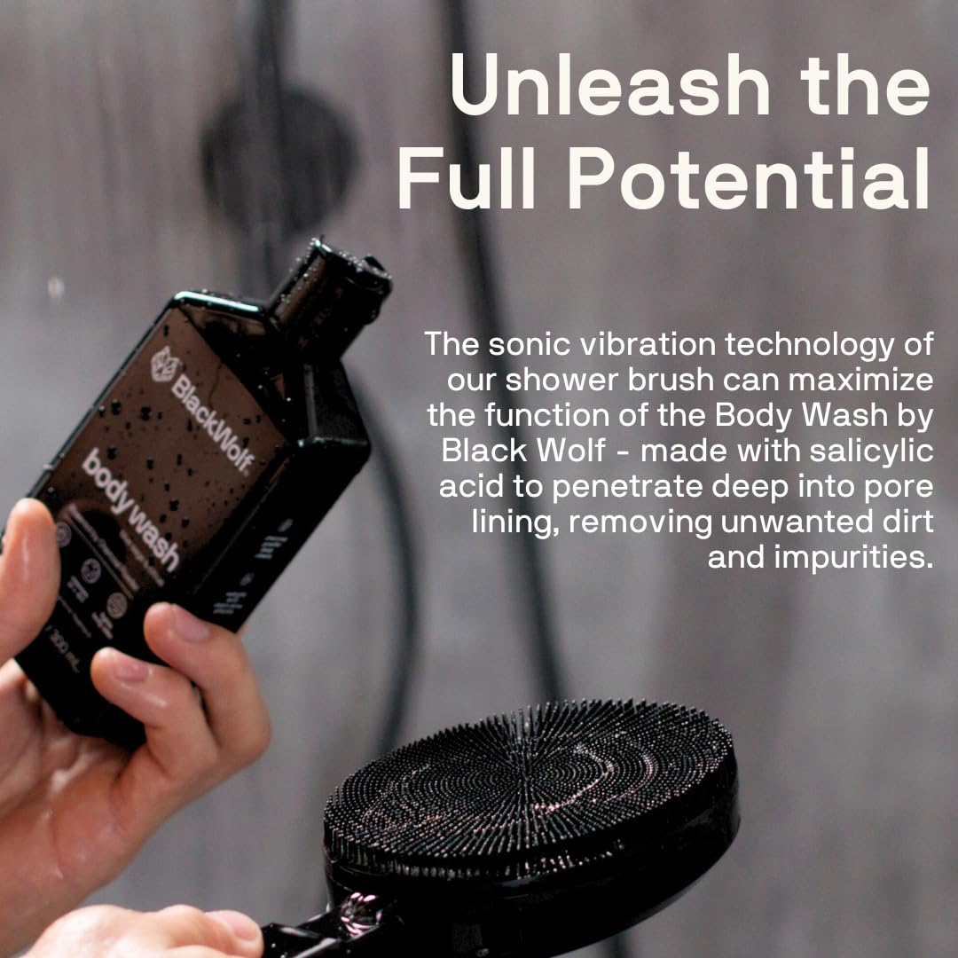 Black Wolf Vibrating Shower Brush for Face, Back & Body, Sonic Scrubber Pro - Water Resistant, 4 Settings, 2 Speeds & 2 Modes, Massage Brush with Charcoal Infused Silicone Bristles for Deep Clean