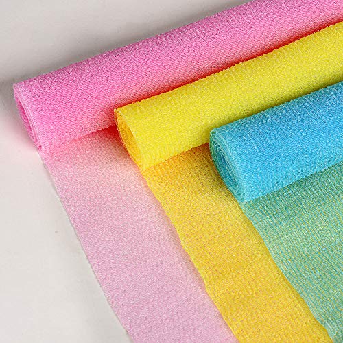 ARCH&M Exfoliating Washcloth Towel Japanese Washcloth Nylon Bath Wash Towel Korean Exfoliating Towel Beauty Washcloth Sponge Loofah Body Scrub Back Scrubber for Shower Cloth 3 Pack (Blue x 3)