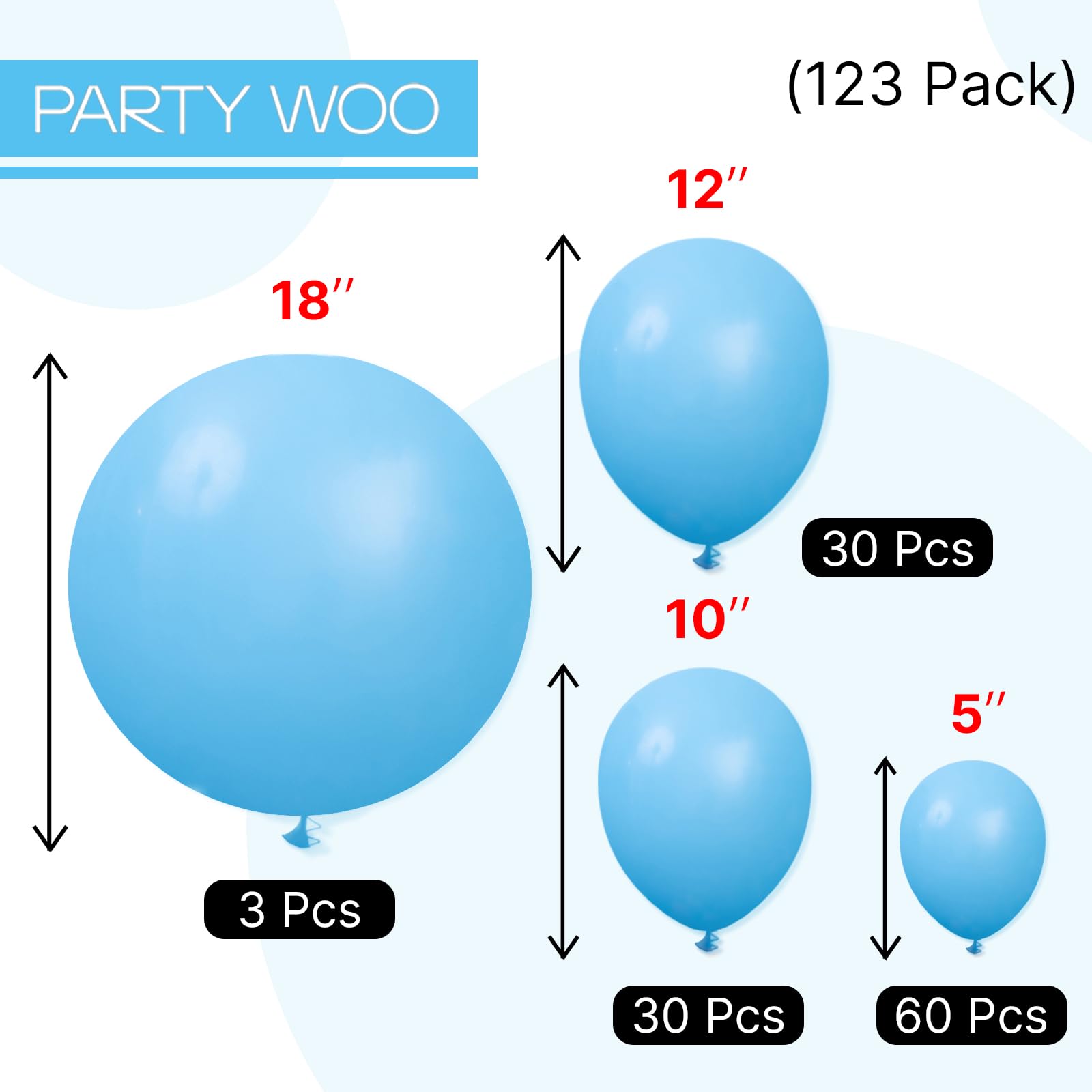 PartyWoo Blue Balloons 123 pcs Sky Blue Balloons Different Sizes Pack of 18 12 10 5 Inch Baby Blue Balloon Arch Kit Balloon Garland for Birthday Graduation Boys Baby Shower Party Decorations Blue-Y20