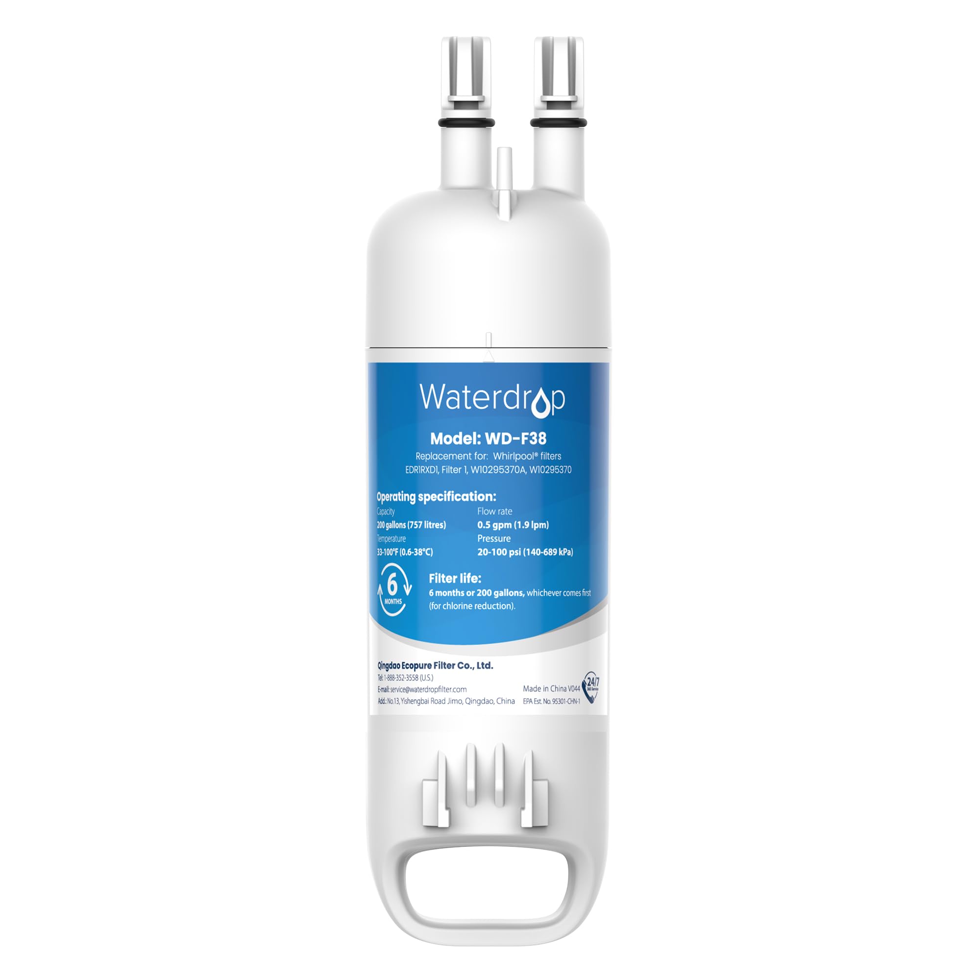 Waterdrop WD-F38 Replacement for W10295370A, Everydrop® Filter 1, EDR1RXD1, EDR1RXD1B, P8RFWB2L, P4RFWB, Kenmore® 46-9081, 46-9930, Refrigerator Water Filter, 1 Filter