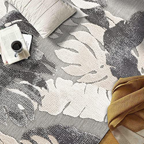 Rugshop Arles Palm Floral Leaves Non-Shedding Outdoor Rug Patio Deck Backyard Indoor/Outdoor Runner Rug 2' x 7' Gray