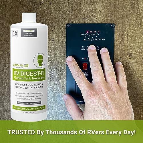 Unique RV Digest-It Black Water Tank Treatment - Concentrated Liquid RV Toilet Treatment - Eliminates Odor, Liquifies Waste, Prevents Sensor Misreading, CA Approved (32 oz.)