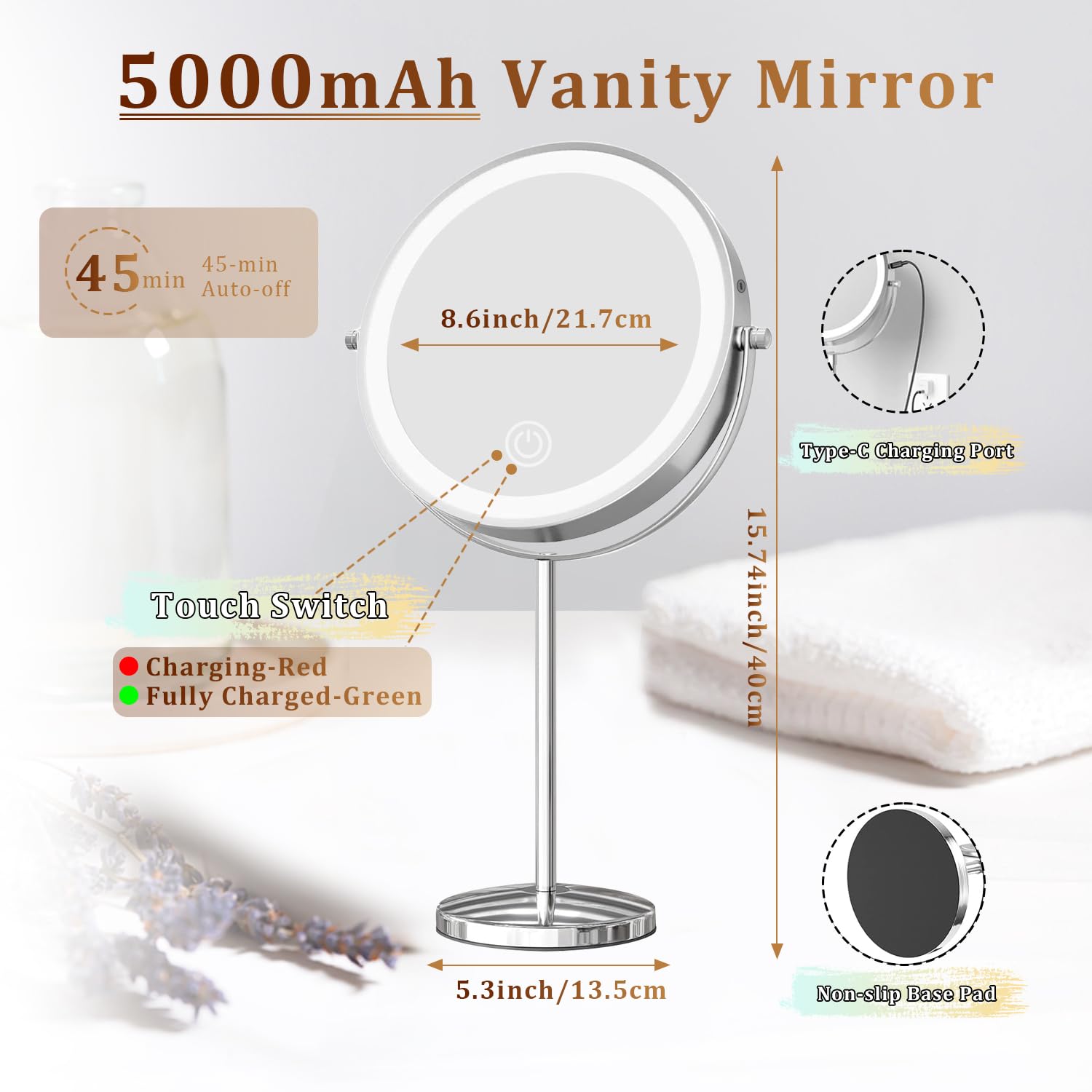 9in Vanity Mirror with Lights, Rechargeable&Dimming Lighted Makeup Mirror, 3X/20X Double Sided Magnifying Mirror, 5000mAh, 360 Rotate,3 Color Lights,Brightness with 80 LED,No Height Adjustment,Silvery