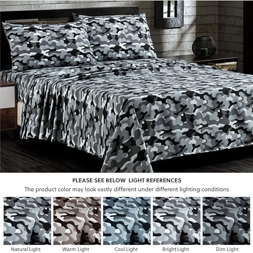 Chezmoi Collection Military Camo 3-Piece Sheet Set - Camouflage Black Gray Printed Microfiber Soft Breathable Deep Pocket Sheets and Pillowcases Set, Twin Size