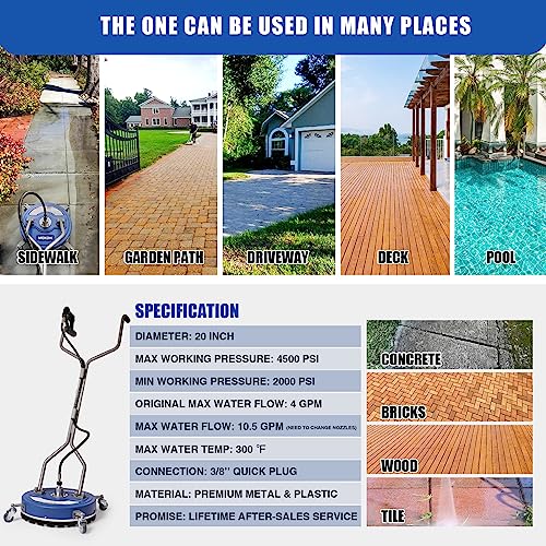 MEKOH Pressure Washer Surface Cleaner 20'', 4500PSI Power Washer Surface Cleaner Attachment with Wheels, Pressure Washer Accessory for Driveway Sidewalk Curb Deck Patio Cleaning, 3/8'' Quick-Connect