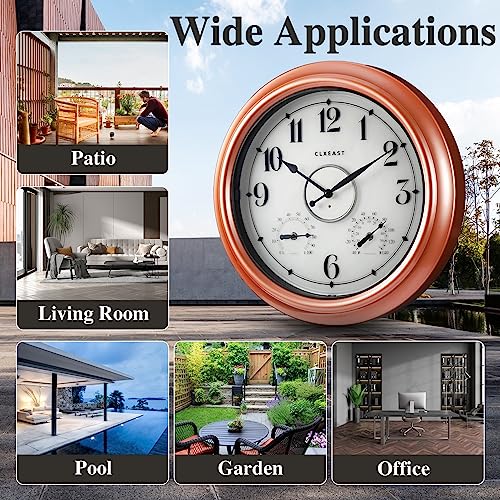 CLXEAST 18 Inch Illuminated Outdoor Indoor Clocks with Smart Sensor,Modern Farmhouse Lighted Wall Clock with Temperature and Humidity for Patio, Garden Decor,Copper/Rose Gold Finish