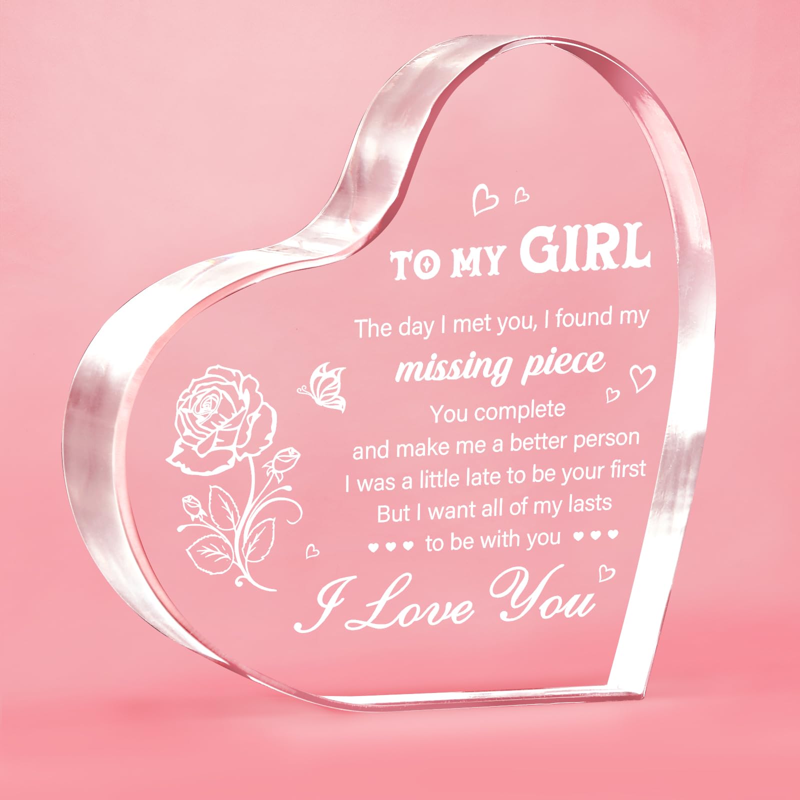 Milcier Gifts for Girlfriend, Valentine's Day Gifts for Her - To My Girl Heart Shaped Acrylic Block - Birthday Gifts for Girlfriend Wife, I Love You Gifts for Her Anniversary Gf Gifts