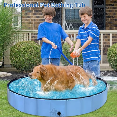 Thecvia Foldable Dog Pool with RGB Lights, Kiddie Pool for Toddlers 1-3, 64" Blue Pet Bathing Tub, Swimming Pool for Kids, Collapsible Kids Pool for Backyard, 1 2 3 4 5 6 7 8 12+ Years Old Toddler Toy