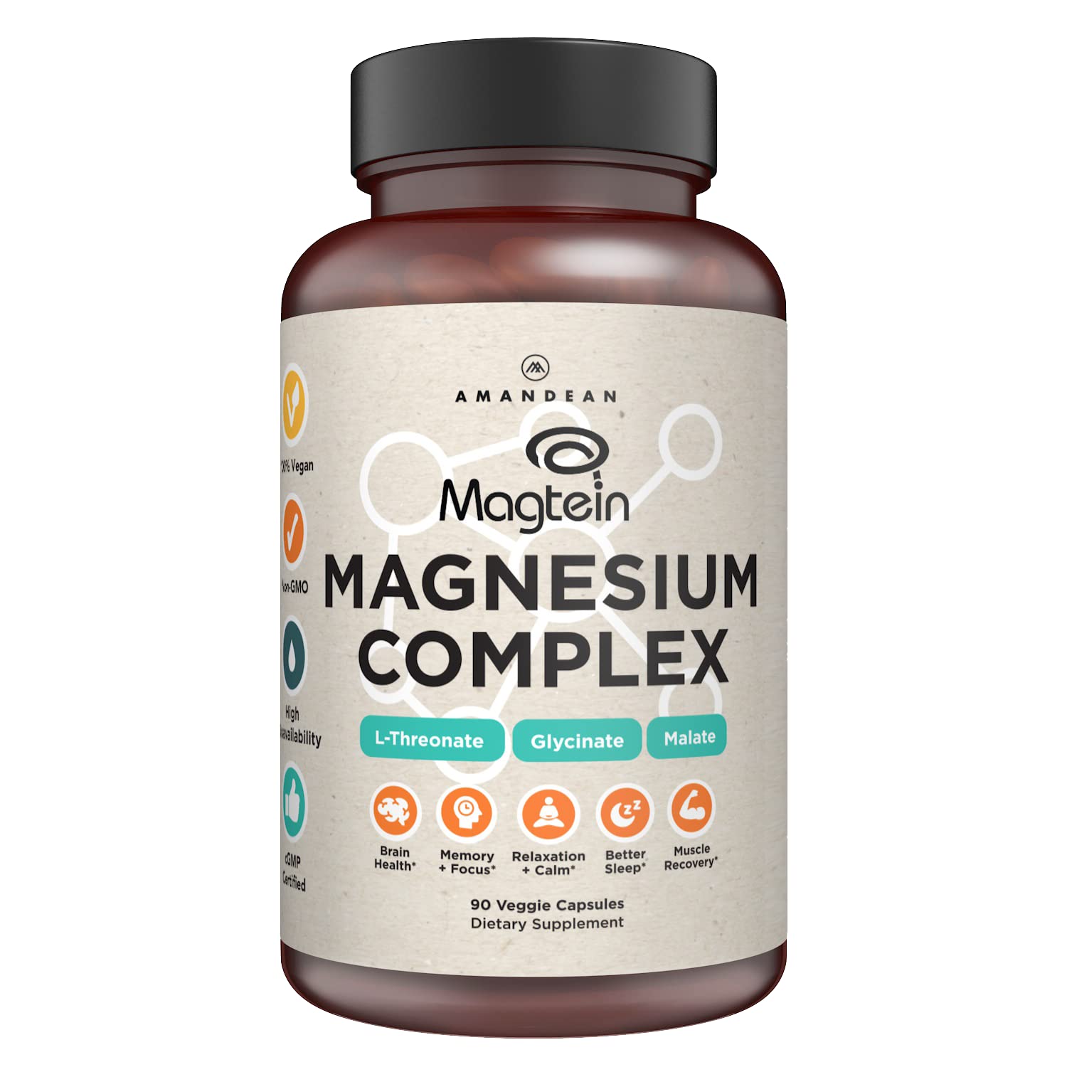 AMANDEAN Magtein Magnesium Complex. L-Threonate, Glycinate, Malate Triple Blend Chelated Magnesium Supplement. 90 Veggie Capsules. High Absorption Branded Ingredients. Brain Health, Sleep, Calm*.