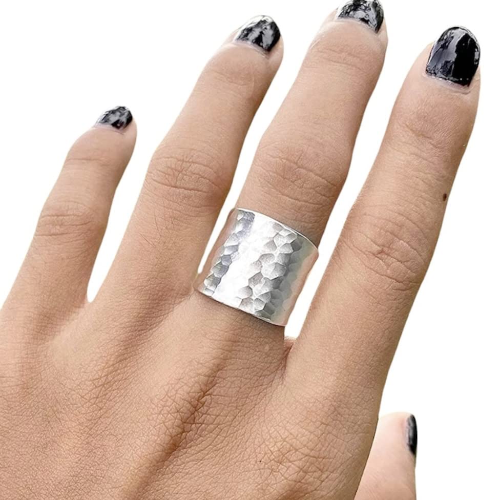 Hammered Sterling Silver Handmade Wide Band Ring, Classic Shiny Finish Flat Wrap Band, Adjustable to Sizes 6-12, Can fit Also as Thumb ring, Gift for Her