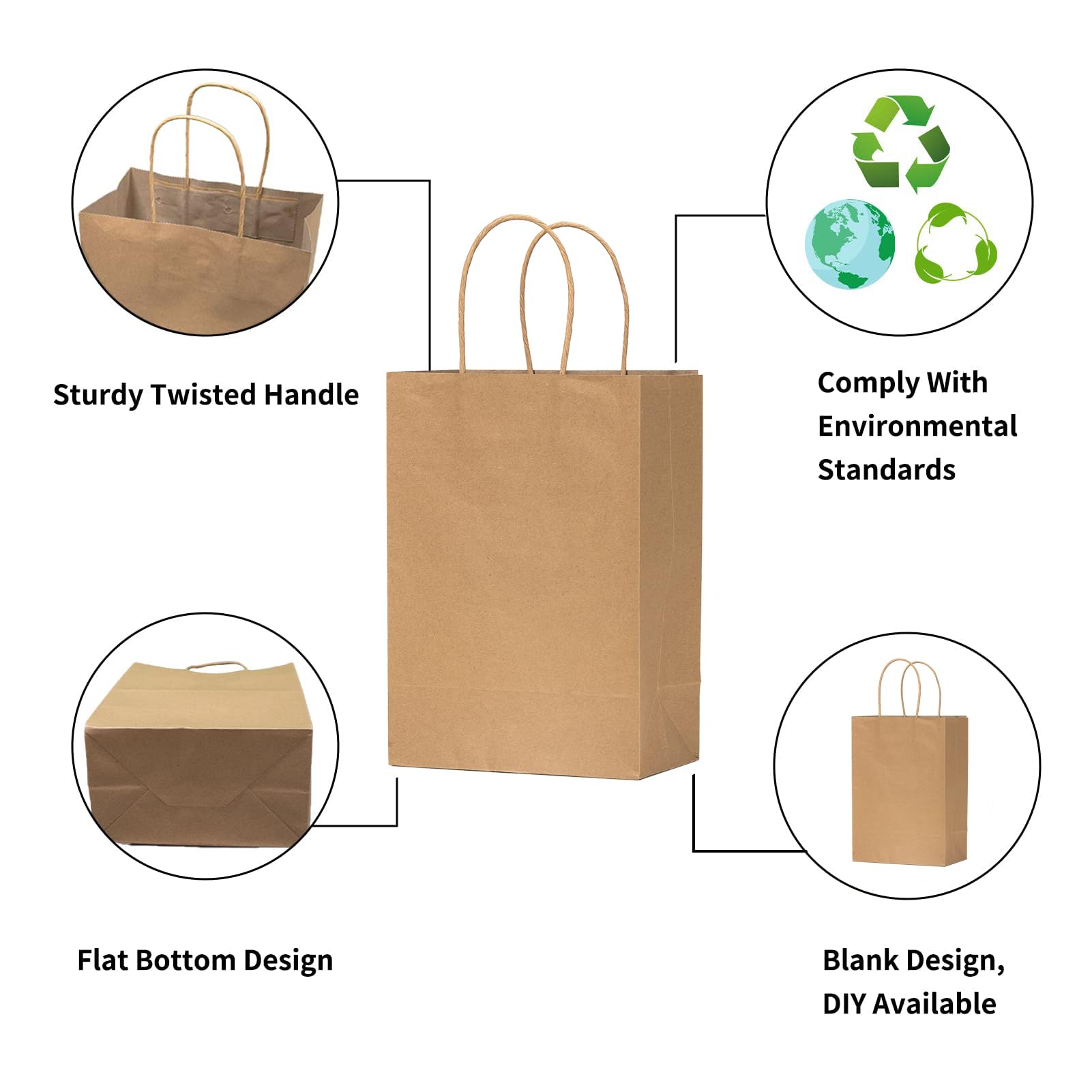 vanhel 50 PCS Gift Bags with Handles,8 x 4.25 x 10.5 Inches,Brown Paper Bags with Handles bulk, Shopping Bags, Party Bags, Retail Bags, Merchandise Bags, Favor Bags