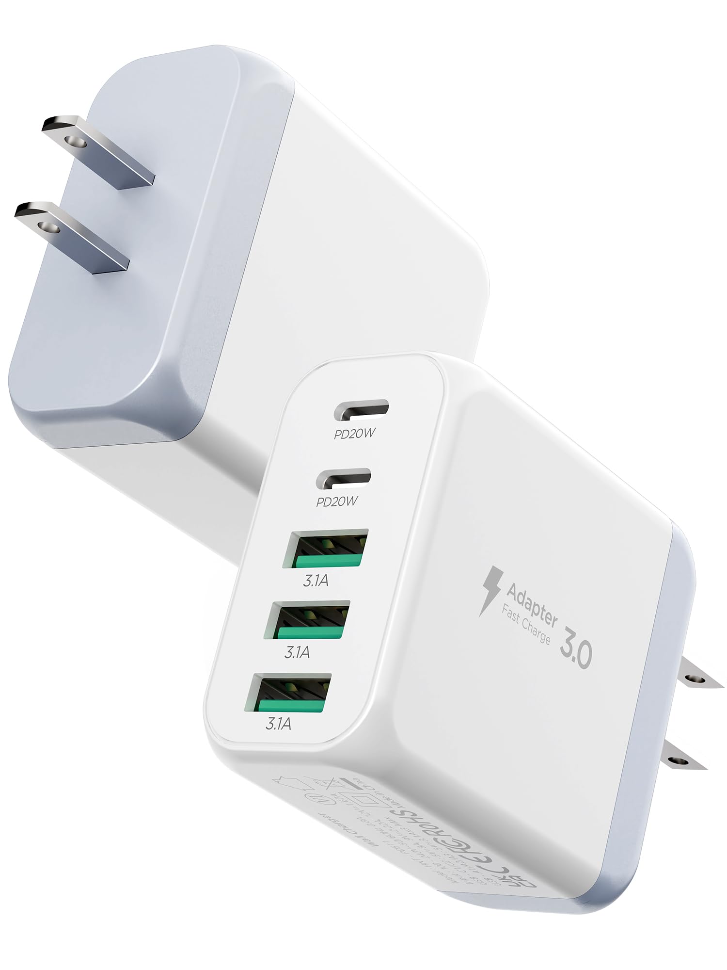 EIZLXQ USB C Charger Block, [2-Pack] Type C Charger Fast Charging,50W 5-Port USB Wall Charger Multiport Type C Charging Block Cube for iPhone 16 15 14 13 12 11 Pro Max XS, iPad, Samsung & More-White