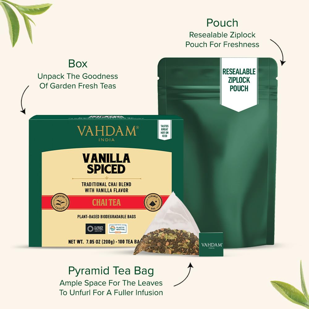 VAHDAM, Vanilla Spiced Chai Tea | 100 Tea Bags | Spiced Masala Chai Tea | Delicious Blend Of Vanilla Tea | Spiced Chai Tea Bag | Brew As Hot, Cold or Iced Tea