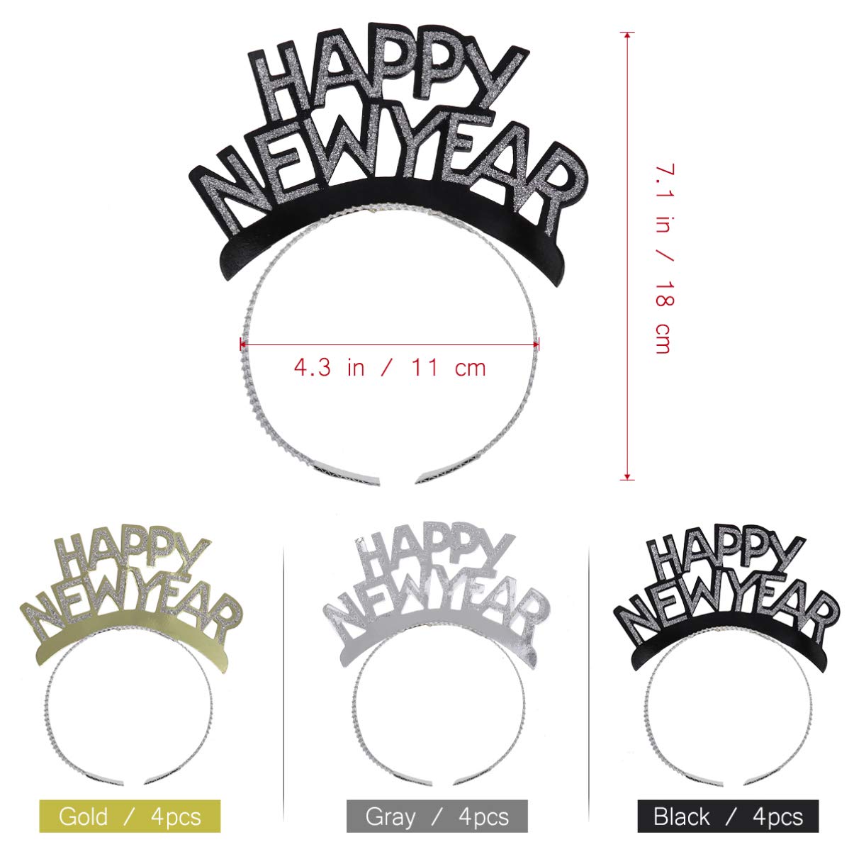 Amosfun HAPPY NEW YEAR Headband Tiara New Years Party Favors Gold Silver Black 12 Pieces