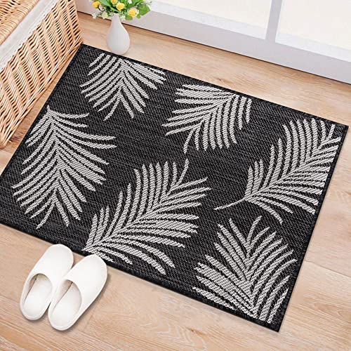 Rugshop Contemporary Palm Leaves Textured Flat Weave Easy Cleaning Outdoor Rugs for Deck,Patio,Backyard Indoor/Outdoor Area Rug 2' x 3' Black