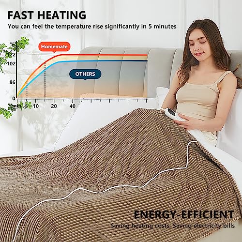 Homemate Heated Blanket Electric Throw - 50"x60" Heating Blanket Throw 1/2/4/6/8 Hours Auto-Off 10 Heat Levels Heat Blanket Over-Heat Protection Soft Flannel Sherpa Heater Blanket ETL Certification