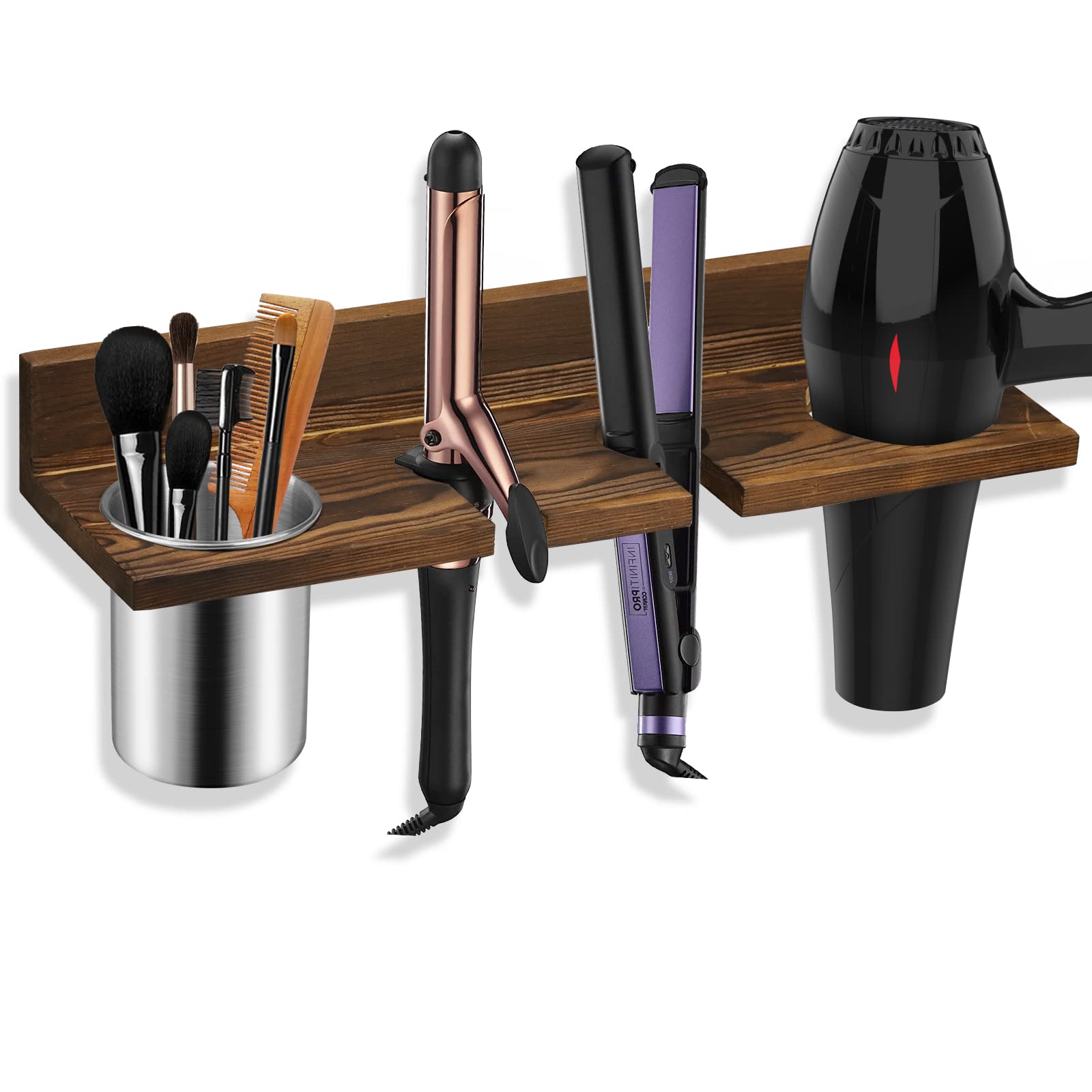 seashpea Hair Tool Organizer Wall Mounted - Wooden Dryer Holder, Blow Dryer Holder for Bathroom, Rustic Styling Tools Organizer for Flat Iron, Curling Wand, Hair Straighteners, Brushes, Brown