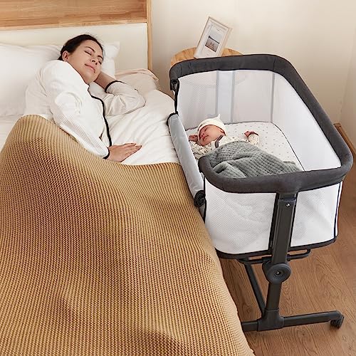 Ezebaby Baby Bassinet, Bedside Bassinet for Baby, Portable Baby Bassinets Bedside Sleeper for Newborn Baby Infants with Adjustable 7 Heights and All Mesh Sides, Mattress & Sheet Included