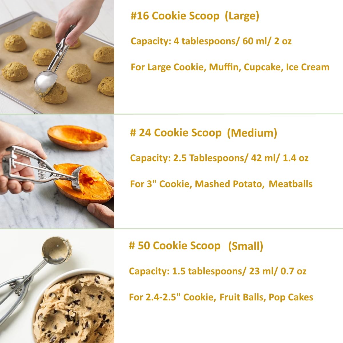 Ice Cream Scoop, 3Pcs Cookie Scoop Set, 18/8 Stainless Steel Cookie Dough Scoop, Cookie Scoops for Baking Set of 3, Ice Cream Scooper with Trigger Release, Cookie Scooper for Baking