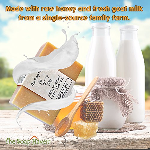 4 Goat Milk Soap Bars with Honey - Handmade in USA. All Natural Soap - Unscented, Fragrance Free, Fresh Goats Milk. Wonderful for Sensitive Skin and Babies. SLS, Paraben, GMO-Free.