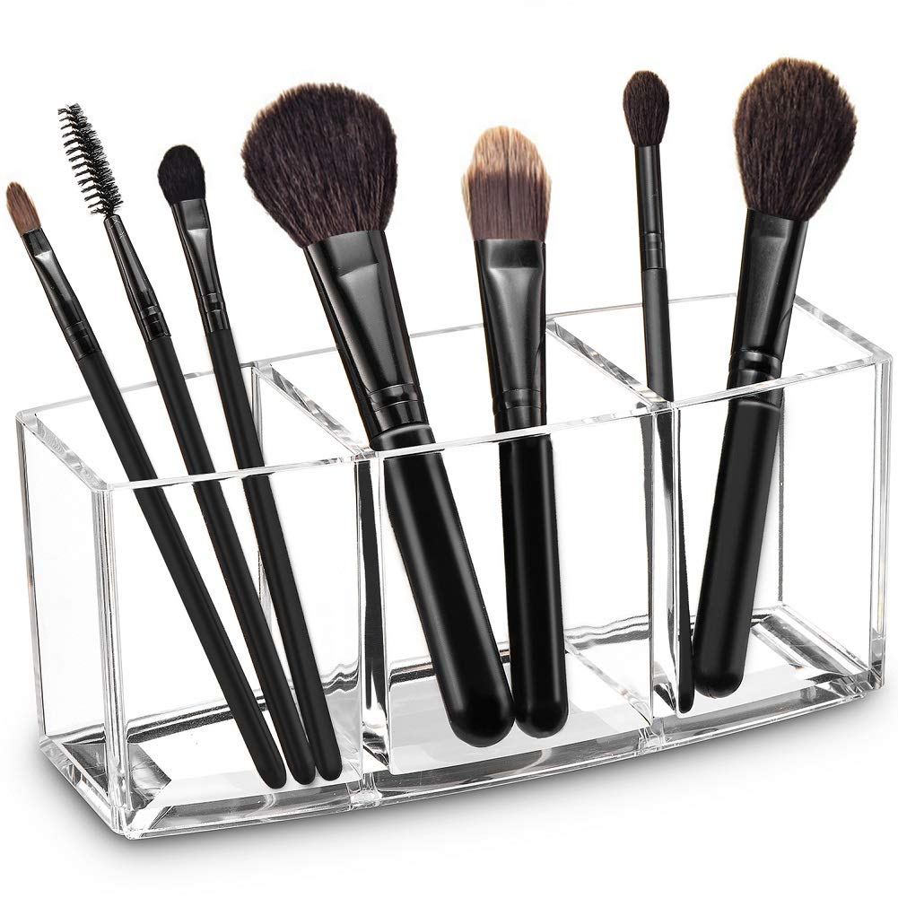 Watpot Acrylic Makeup Brush Organizer Holder Clear Cosmetic Brushes Storage with 3 Slots