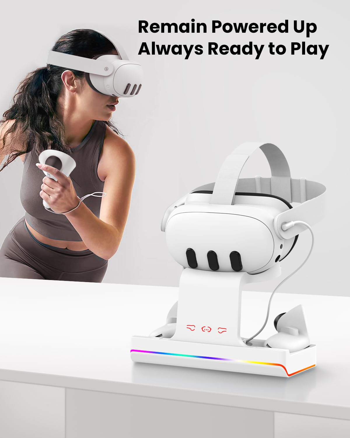 GEEKERA Charging Dock for Meta Quest 3/Oculus Quest 3, VR Headset & Controllers Charging Stand with RGB LED Light [On/Off], VR Accessories with 2 Rechargeable Batteries, Fast Charging Station