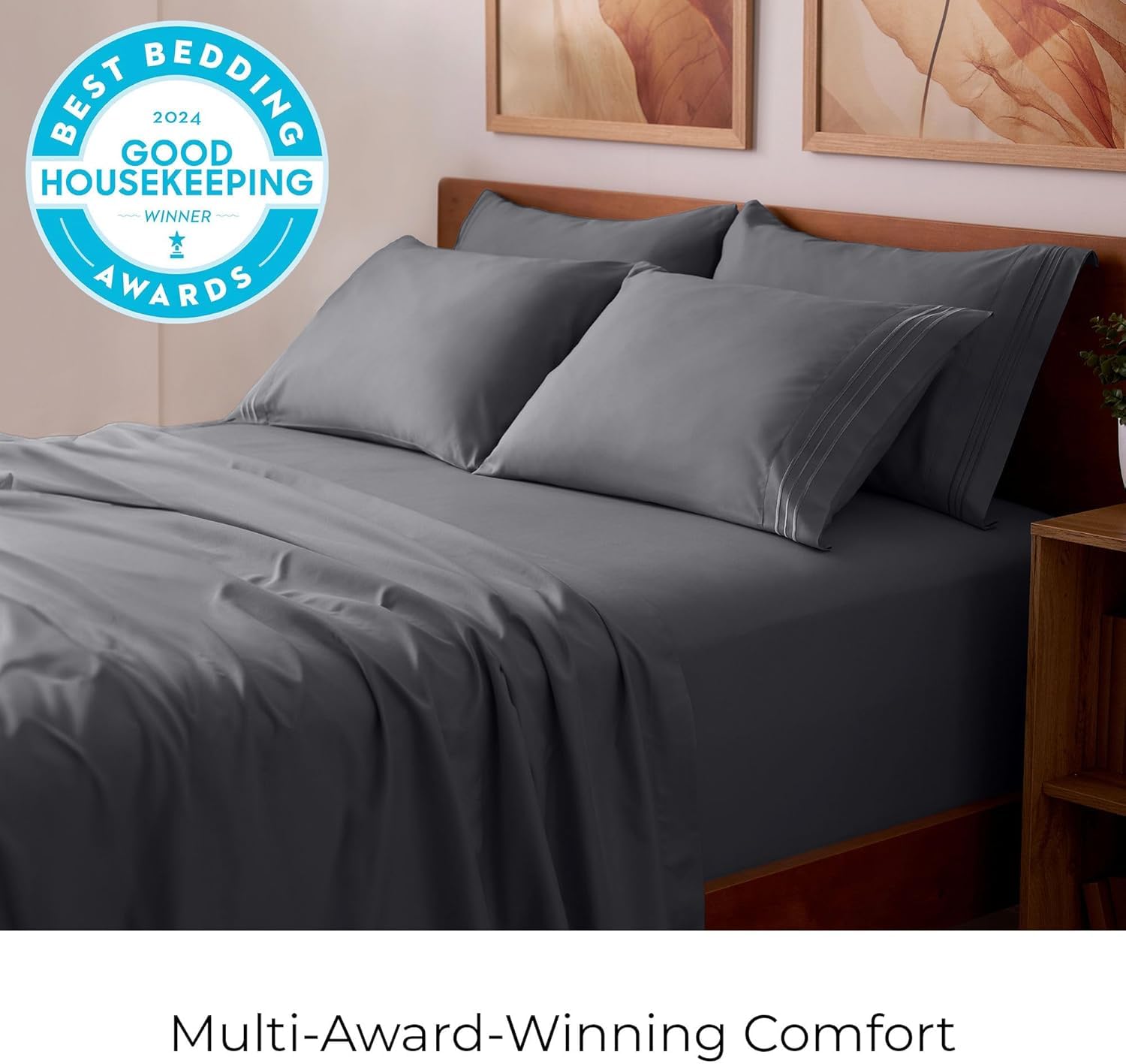 Mellanni 4PC Bed Sheet Set + 2 Pillowcases Bundle&Save - Iconic Collection Bedding - Bundle Includes: 1 Flat Sheets, 1 Fitted Sheet and 4 Pillow Cases (King, Gray)