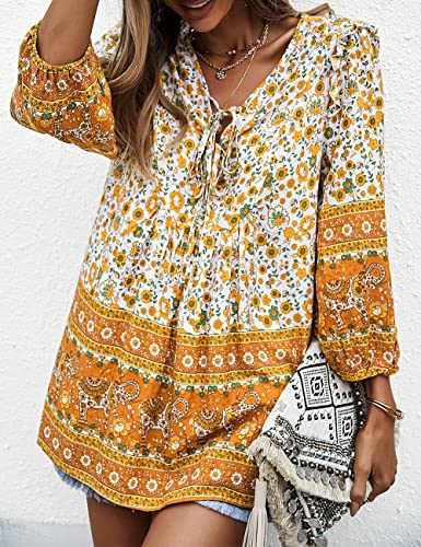 PRETTYGARDEN Women's Floral Ruffled Tunic Blouse Tie V Neck Casual Long Sleeve Babydoll Peplum Tops(02_Green,Small)