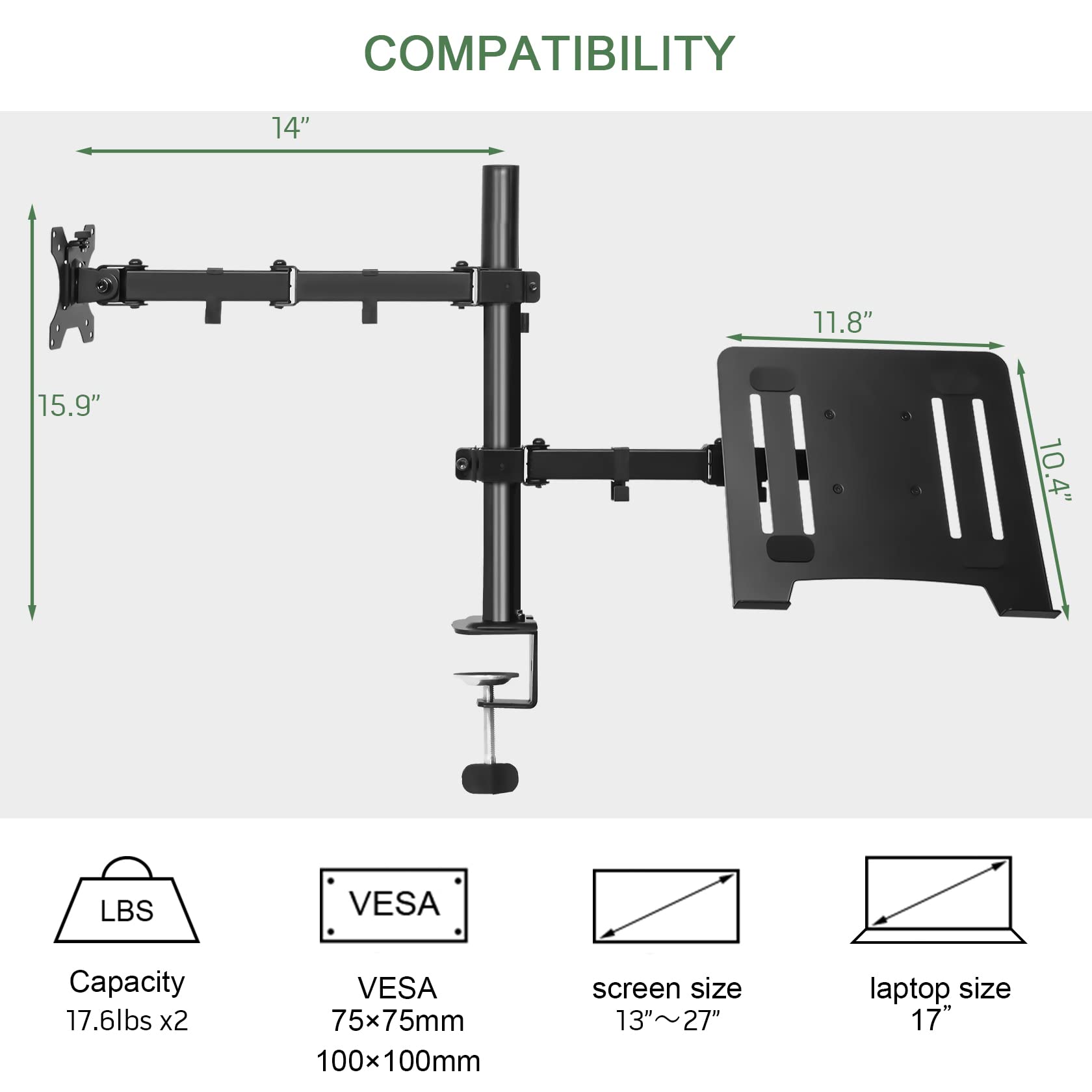 UPGRAVITY Monitor and Laptop Mount, Monitor Arm with Vented Tray for 13" to 27" LCD Computer Screens and Notebook up to 17 inch, Fully Adjustable Laptop Mount Stand Holds up to 17.6lbs