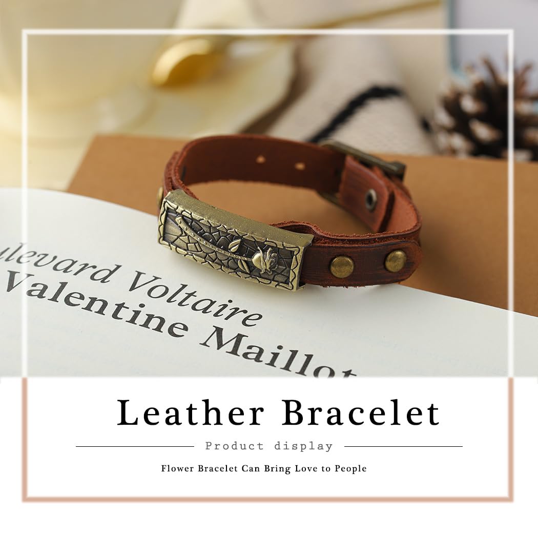 Dmaiy Boho Leather Bracelets Vintage Brown Bracelet Buckle Clasp Rose Bracelets Handmade for Women and Men (Brown flower)