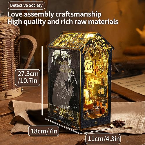 CRIOLPO Book Nook Kit - DIY Dollhouse Booknook, Book Nook Miniature Kit for Bookshelf Insert Decor Crafts for Adults Teen Halloween, 3D Wooden Puzzle Bookends with Sensor Led Light