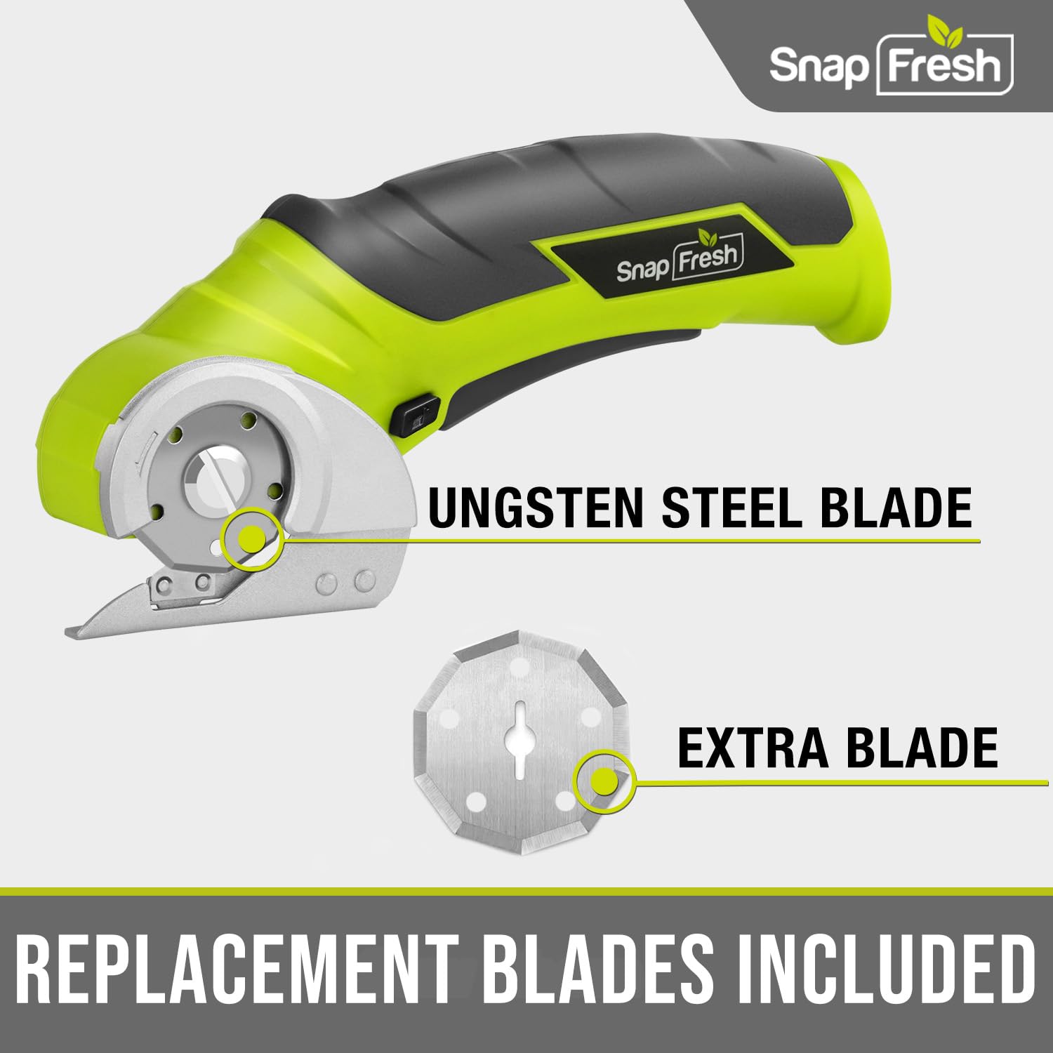 SnapFresh Cordless Electric Scissors, 4V Electric Mini Box Cutter, Carpet & Cardboard Cutter Tool with a Replacement Blade/Charger, Rotary Cutter for Cardboard Packages Leather Plastic （Green）