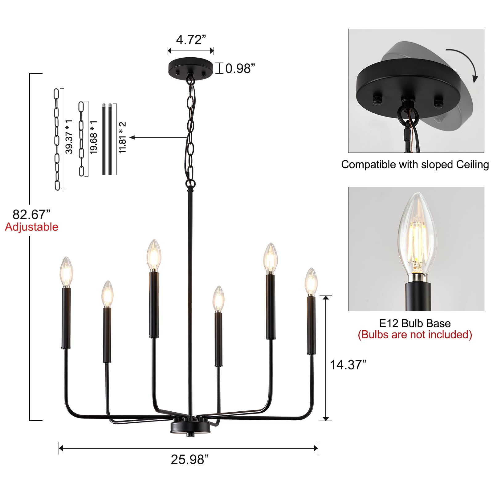 ONESMING Modern Black Chandelier for Dining Room,Metal 6-Light Kitchen Light Fixtures,Farmhouse Candle Hanging Pendant Light for Living Room Entryway Foyer Bedroom (Bulbs Not Included)