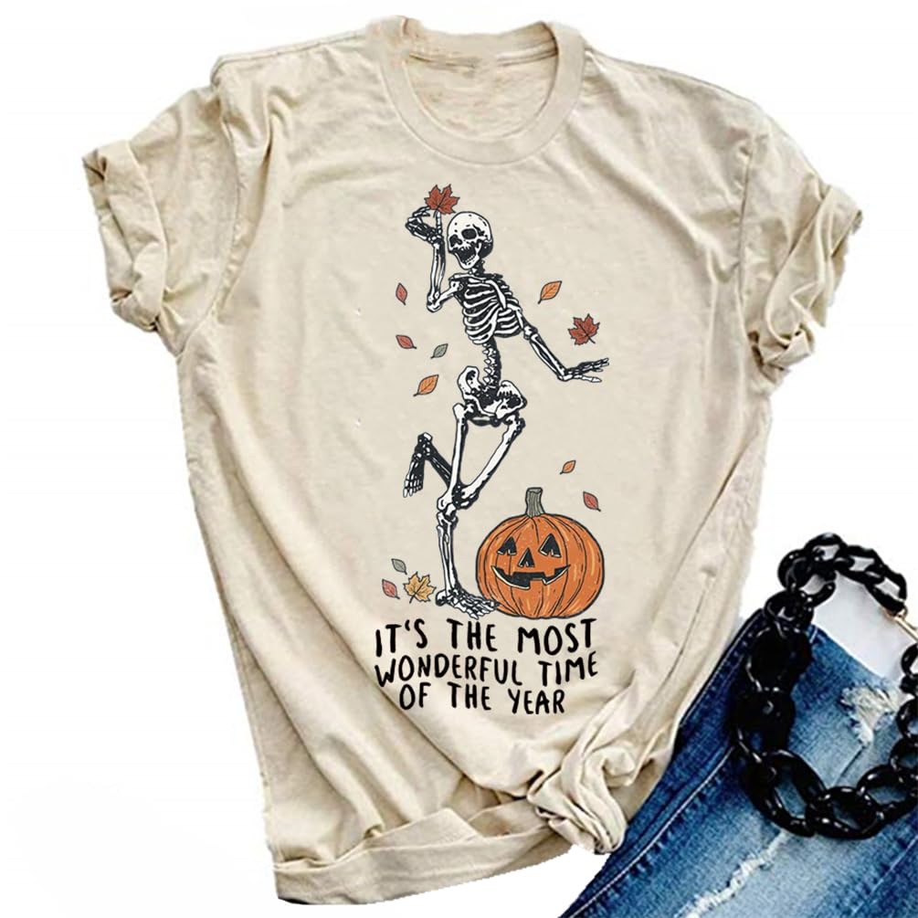 Halloween Pumpkin Shirts Women Fall T-Shirts Cute Autumn Graphic Tees Thanksgiving Tops(A-Wonderful/Beige,M)