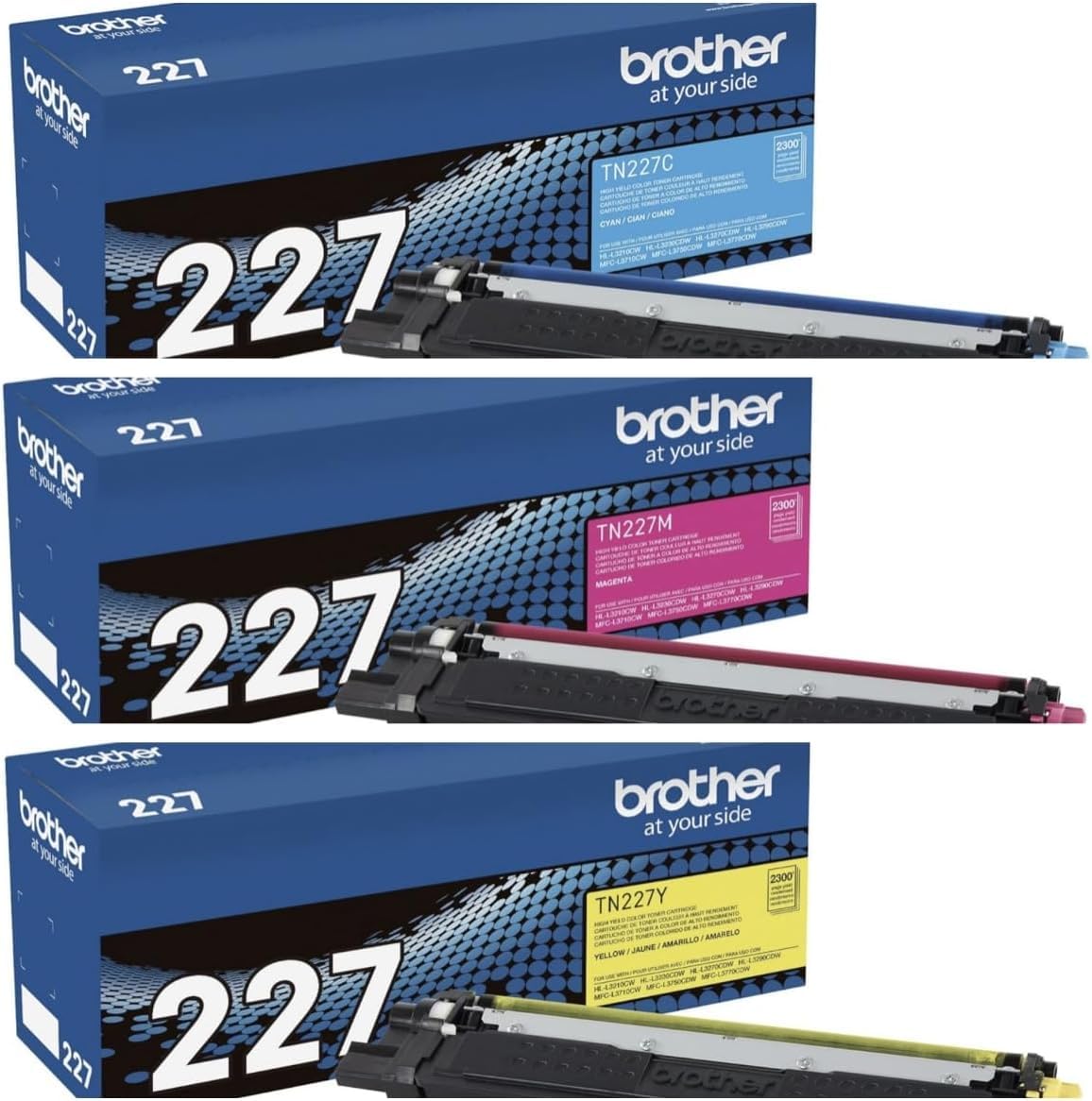 Brother TN227(CMY) High Yield Color Toner Set Cyan,Magenta, Yellow 3 Pack for HL-L3210CW, HL-L3230CDW, MFC-L3750CDW in Retail Packaging