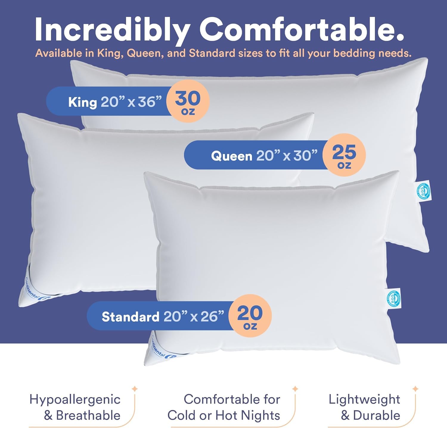 Continental Bedding Medium Queen Pack of 1 White Down Pillows 25 Ounce 550FP Hotel Down Pillows for Supporting Back Side and Stomach Sleepers