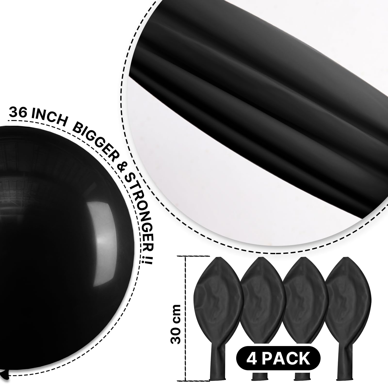 PartyWoo Black Balloons 4 pcs 36 Inch Extra Large Big Jumbo Giant Matte Black Latex Helium Balloons for Graduation Halloween New Year Anniversary Birthday Retirement Party Decorations Black-Y18