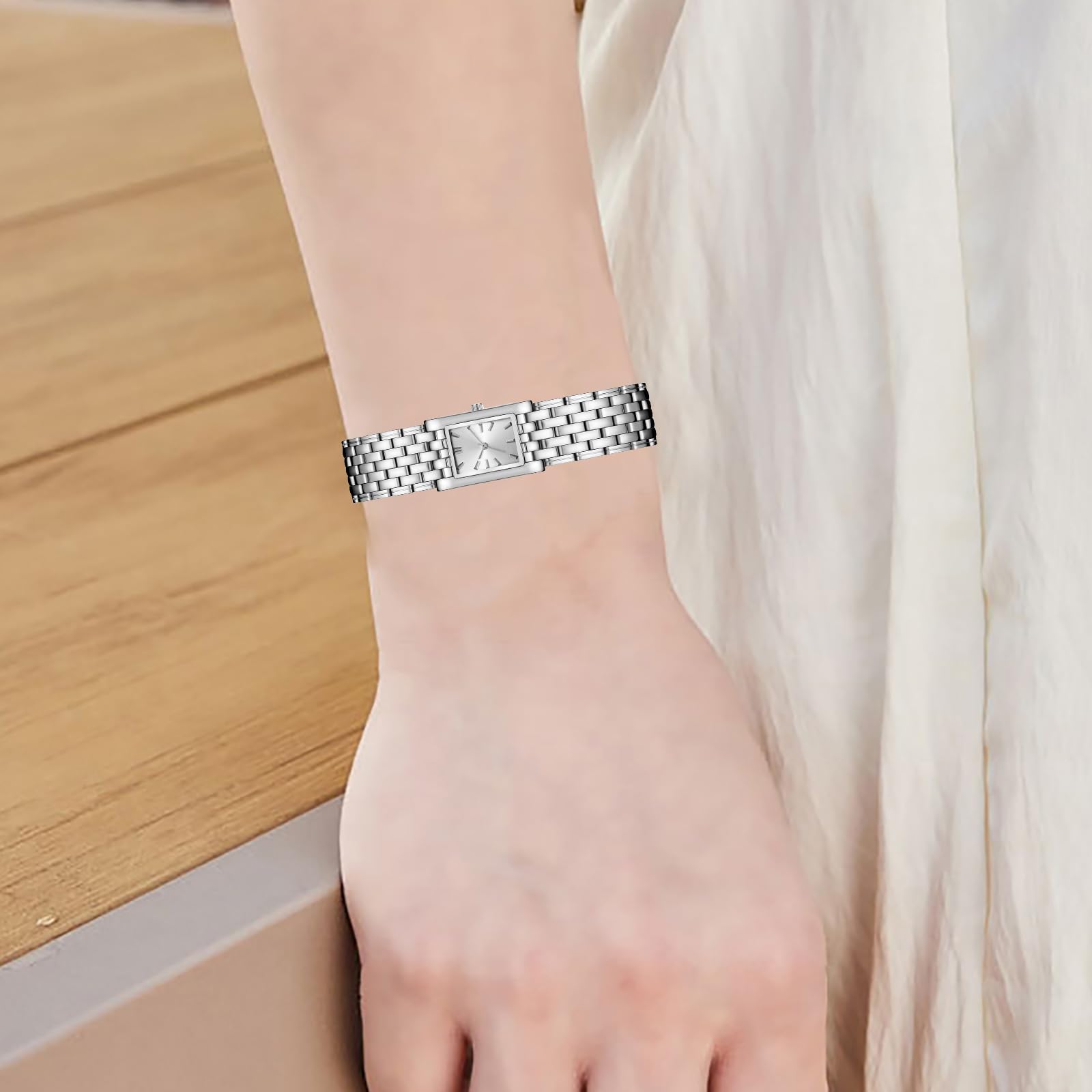 BESTKANG Luxury Women's Watch Easy Read Fashion Dainty Stainless Steel Square Rectangle Ladies Watch Waterproof Watches for Women (Silver White)