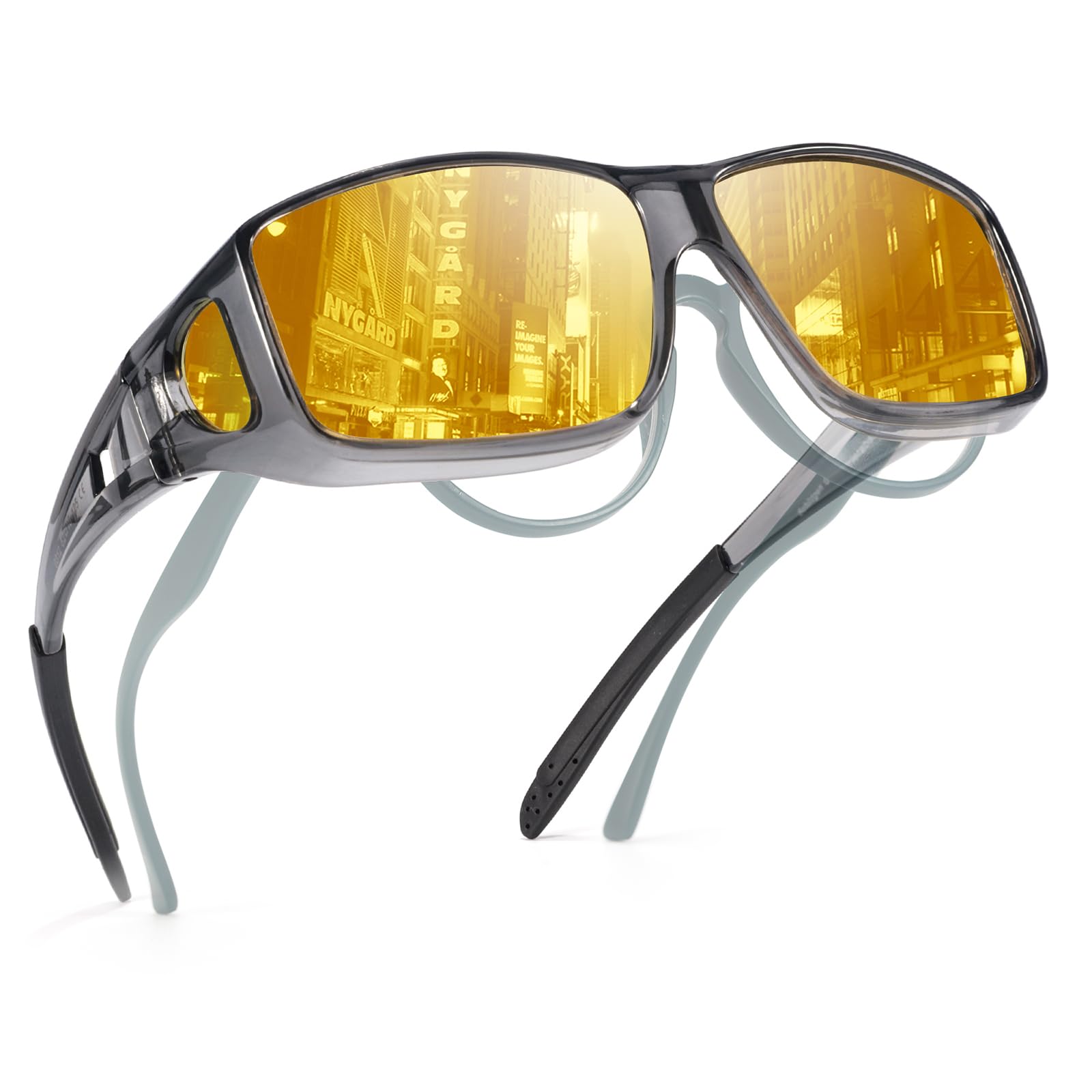 TJUTR Night Vision Driving Glasses Fit Over Glasses for Men Women, Anti Glare Polarized Nighttime Eyeglasses Yellow Lens (Grey)
