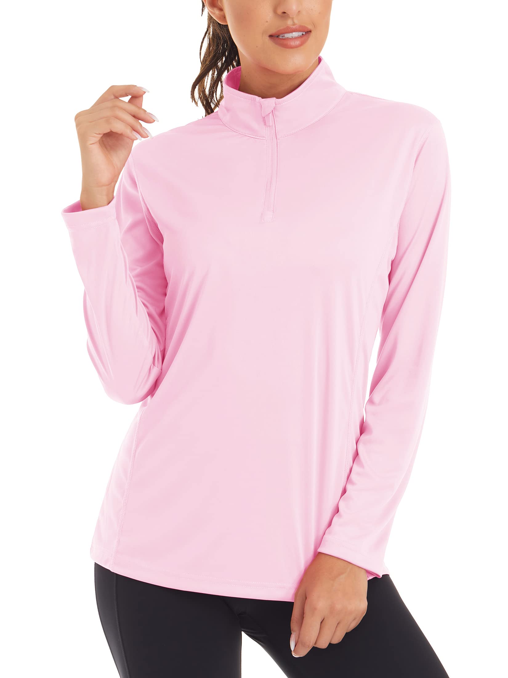 MAGCOMSEN Hiking Shirts for Women UPF 50+ Sun Protection Long Sleeve Half-Zip Workout Shirt Rashguard Athletic Shirts Running Shirts Pink
