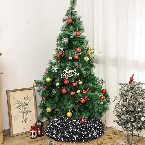 MODFUNS Sequin Christmas Tree Collar Black Glitter Christmas Tree Stand Base 24 Inch Velvet Tree Collar Skirt Sequins Xmas Tree Ring Shimmer Sequin Tree Skirt for Winter Holiday Christmas Tree Basket