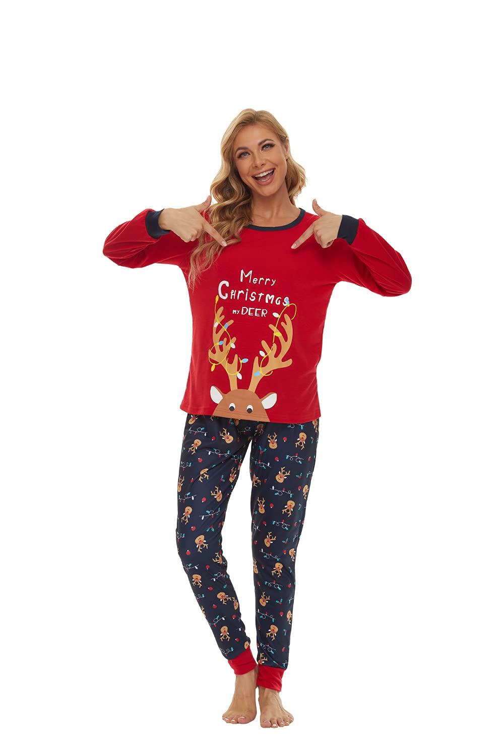 VENTELAN Matching Family Christmas Pajamas Set Soft Holiday Sleepwear Deer Xmas PJS Set for Couples Women Men