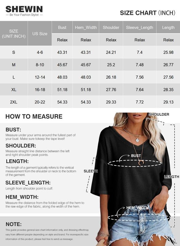 SHEWIN Womens 2024 Spring Summer V Neck Loose Batwing Sleeve Waffle Knit Off The Shoulder Tops Tunic Blouses Oversized Shirts for Women Black S