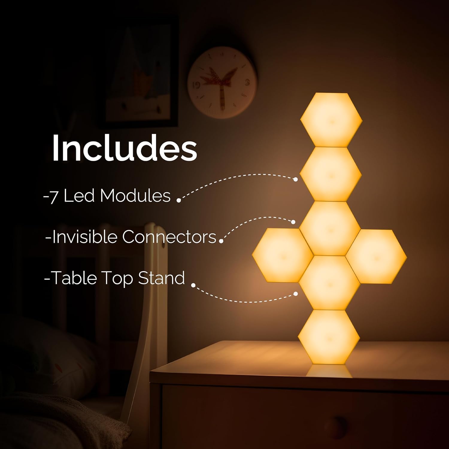 HEXlights Sensory Lights for Autistic Children — 7pk Touch Hexagon Lights, Remote Controlled Light Tiles — Enjoyed by Kids with Autism as a Tap Tap Wall Lights for Sensory Room — Table Stand Included