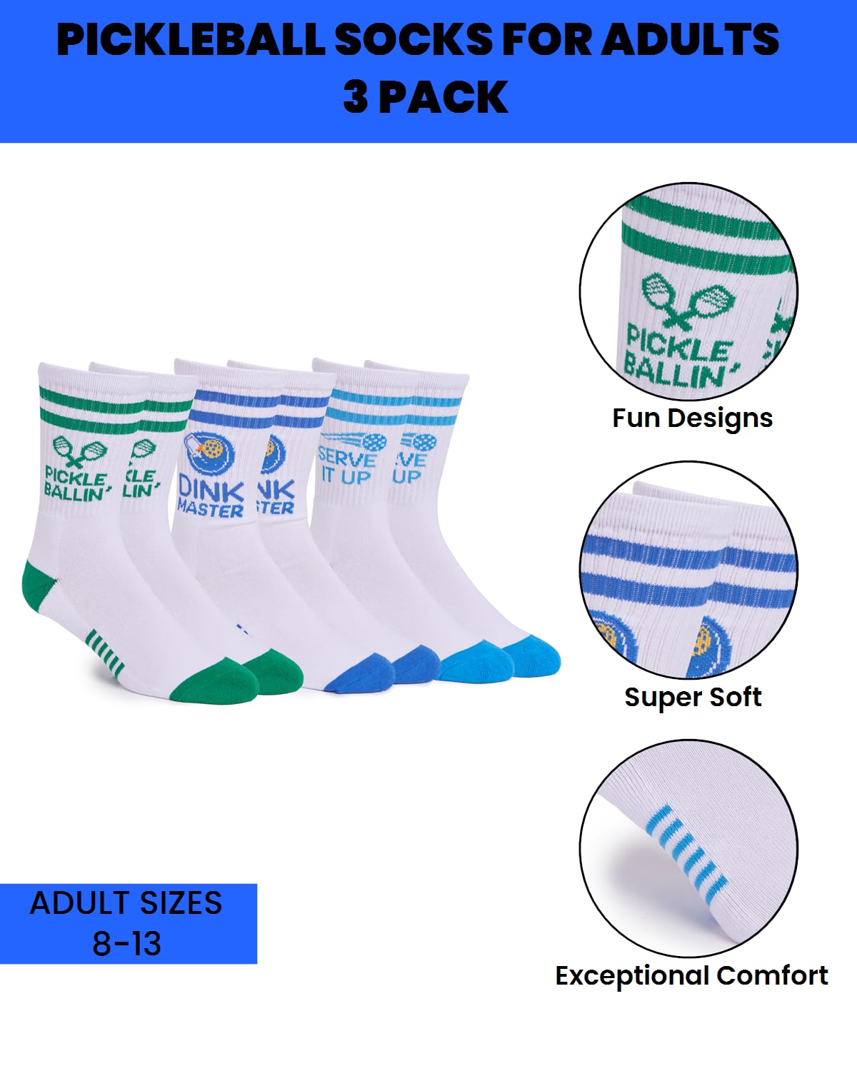 SOCKTOWN Performance Pickleball Crew Socks Mens and Womens 3 Pack Great Gift One Size - Perfect Christmas Holiday Gift