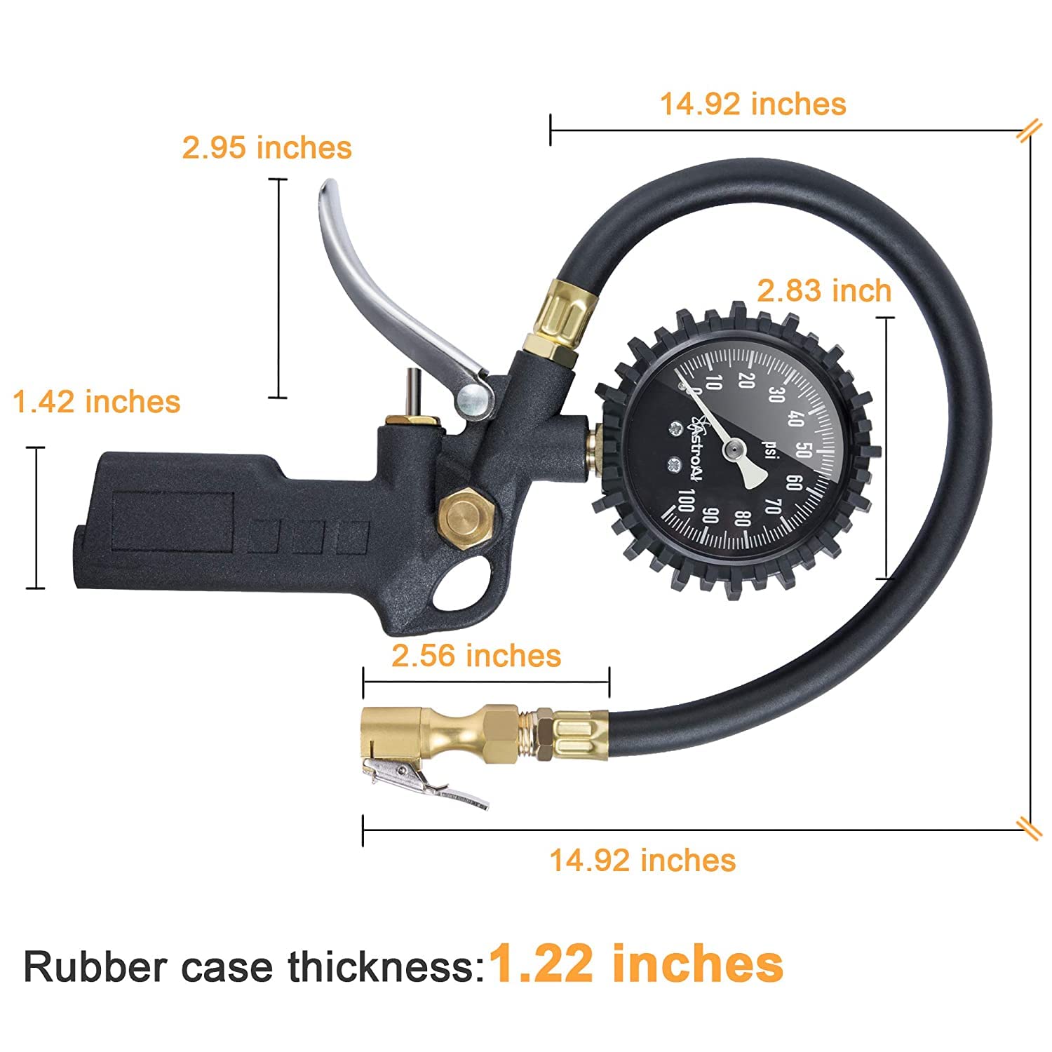 AstroAI Tire Pressure Gauge with Inflator, 100 PSI-ANSI B40.1 Accurate, Large 2.5" Easy Read Glow Dial, Heavy Duty Air Chuck and Compressor Accessories with Rubber Hose and Quick Connect Coupler