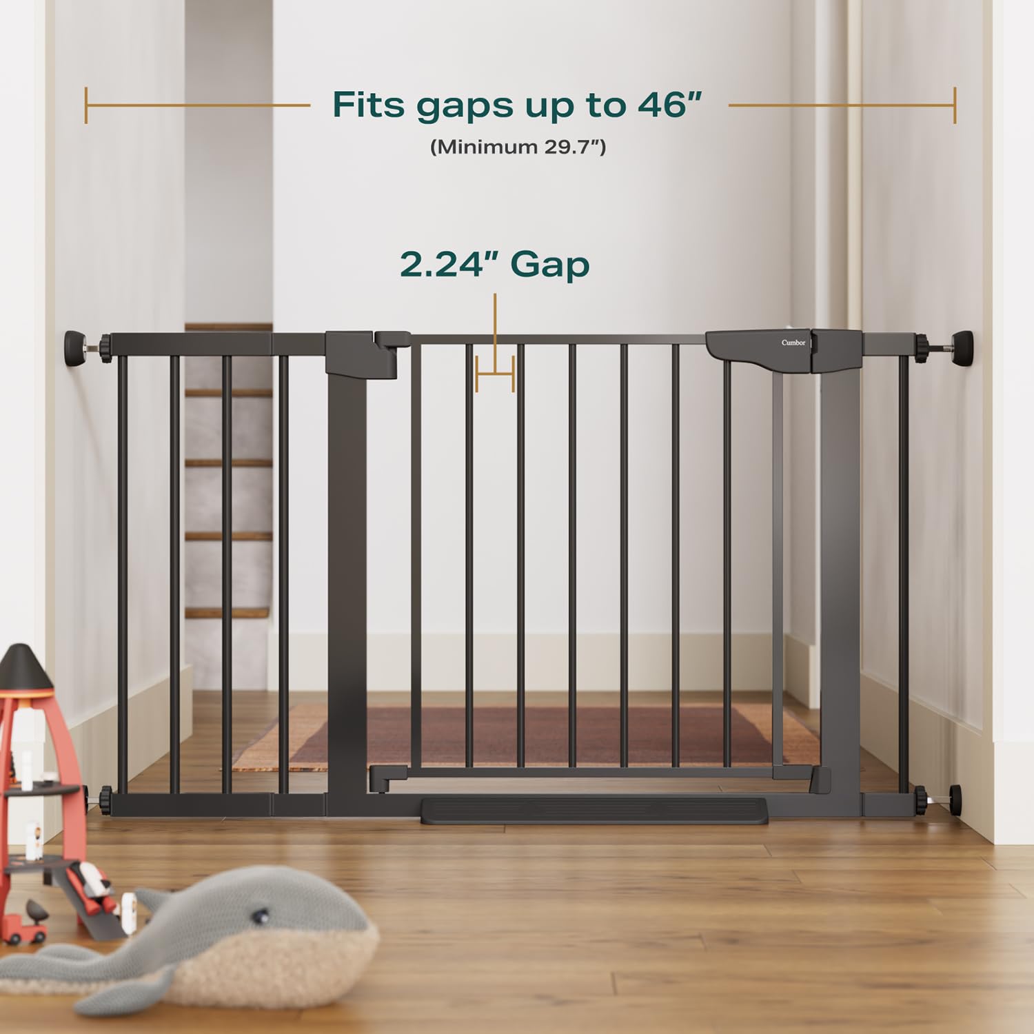 Cumbor 29.7-46" Baby Gate for Stairs, Mom's Choice Awards Winner-Auto Close Dog Gate for The House, Easy Install Pressure Mounted Pet Gates for Doorways, Dog Accessories Indoor for Kitchen, Black