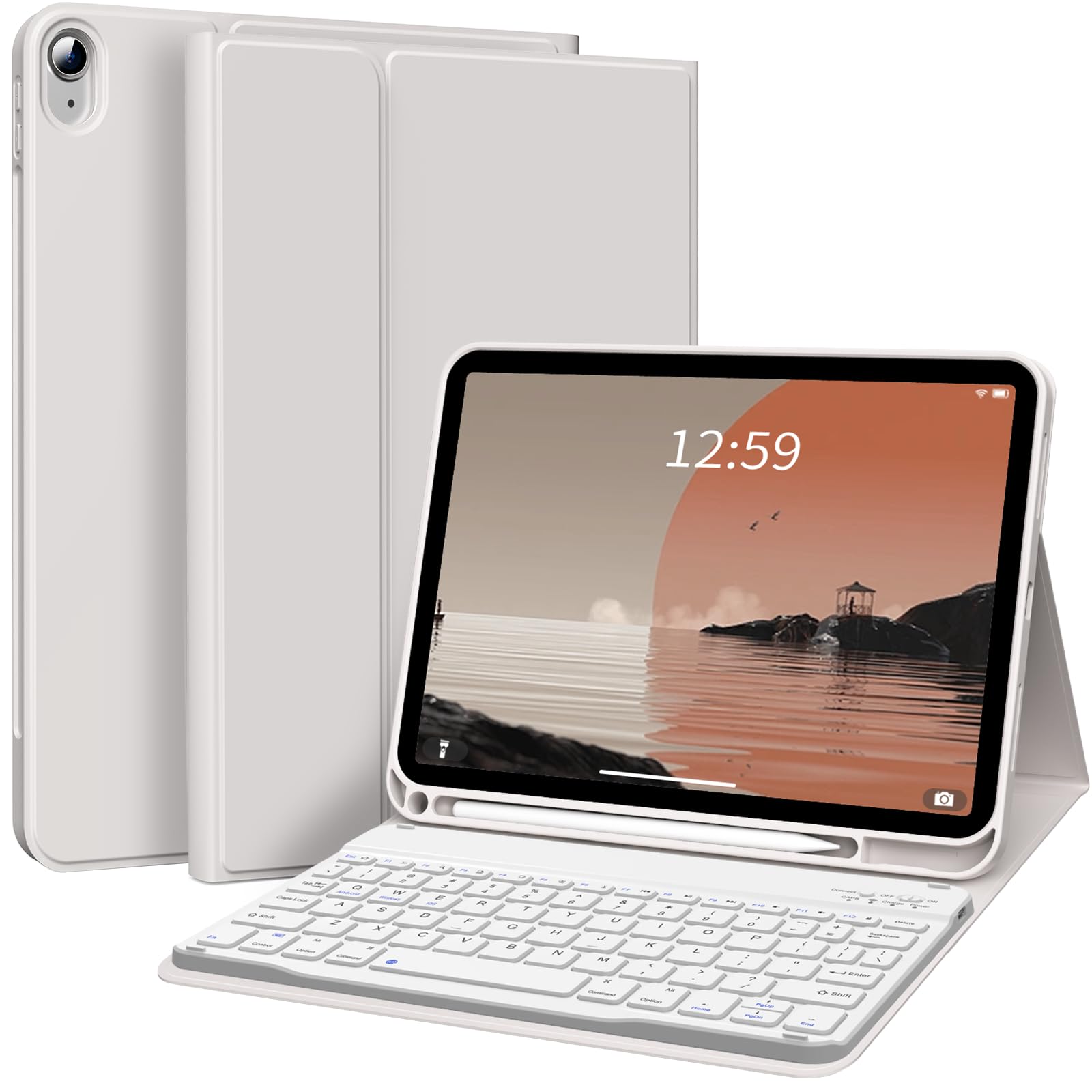 KENKE for iPad 10th Generation Case with Keyboard 10.9 inch 2022, Detachable Wireless Bluetooth iPad Keyboard Case Thin & Light with Built-in Left Side Pencil Holder, White Square Keycaps (Gray