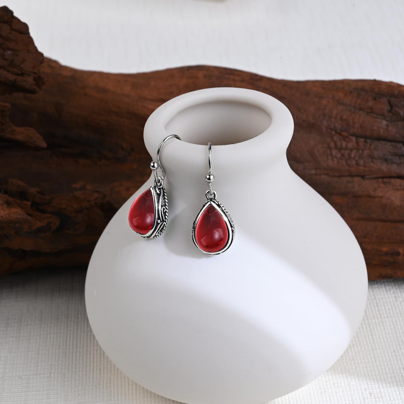 Ruby Drop Dangle Earrings Silver Teardrop Vintage Earrings Red Crystal Hanging Earrings Birthstone Earrings for Women Girls