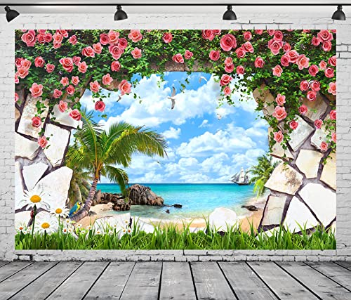 CORFOTO 7x5ft Fabric Window View of Tropical Beach Backdrop Pink Rose Flowers Stone Wall Scenery Palm Scenery Background Birthday Wedding Theme Party Decorations Photo Booth Studios Props Wallpaper